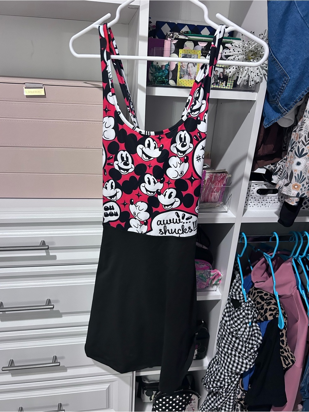 PatPat Pink & Black Mickey Print women’s ' Skirted Bodysuit